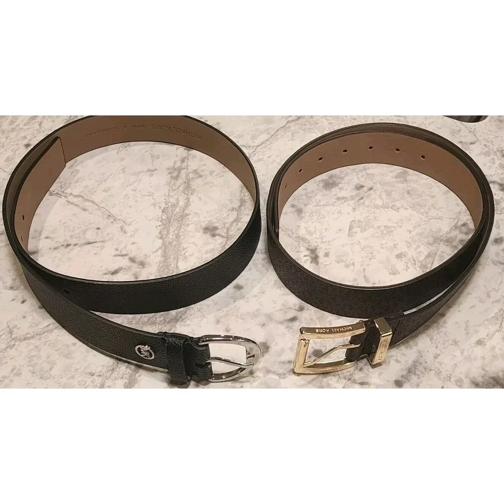 MICHAEL KORS Women's‎ MK Logo Belt Size M/L Brown & Black New Gold Silver